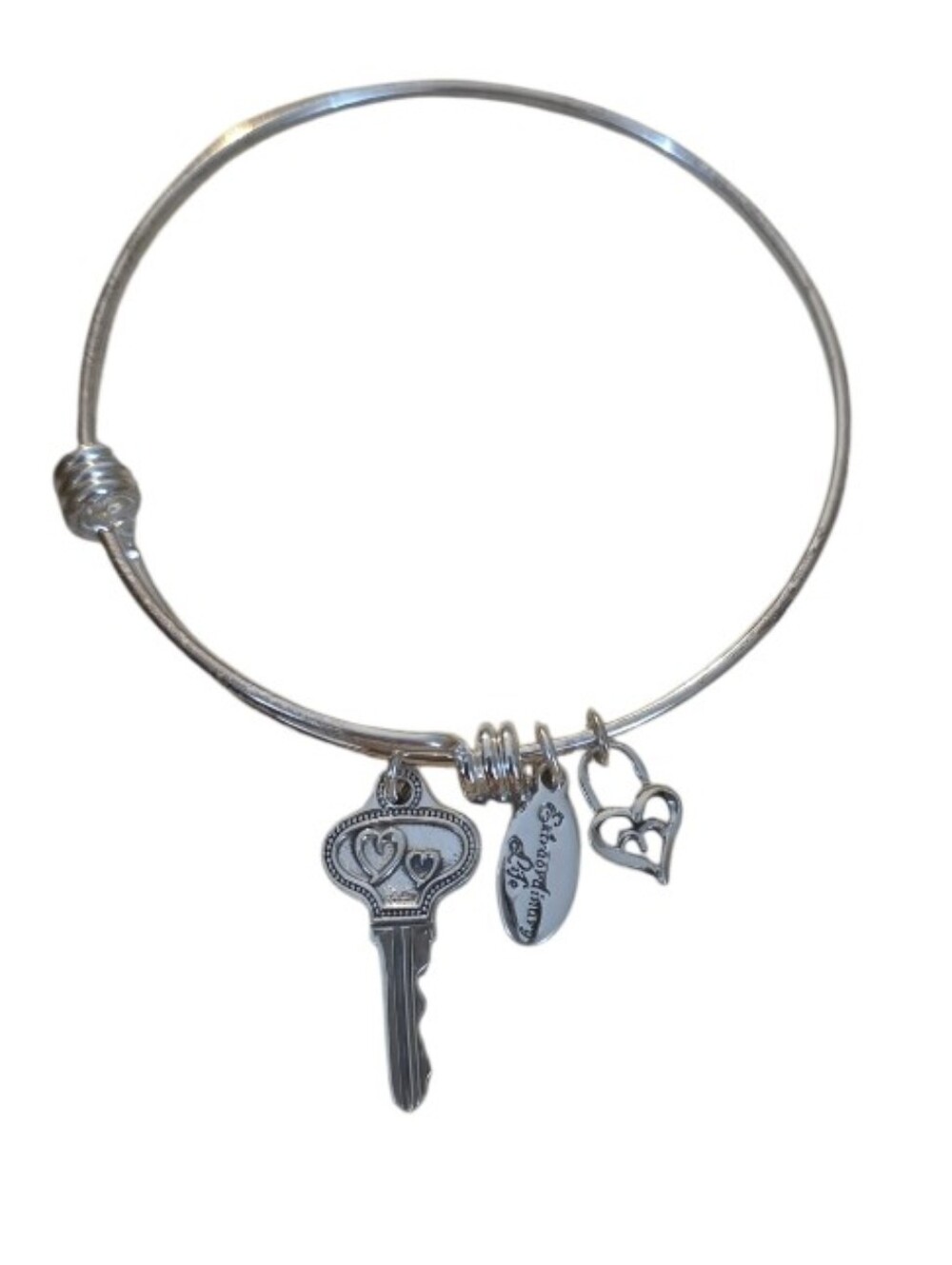Sterling Silver Key & Heart Charm Expandable Bangle Bracelet - Mom